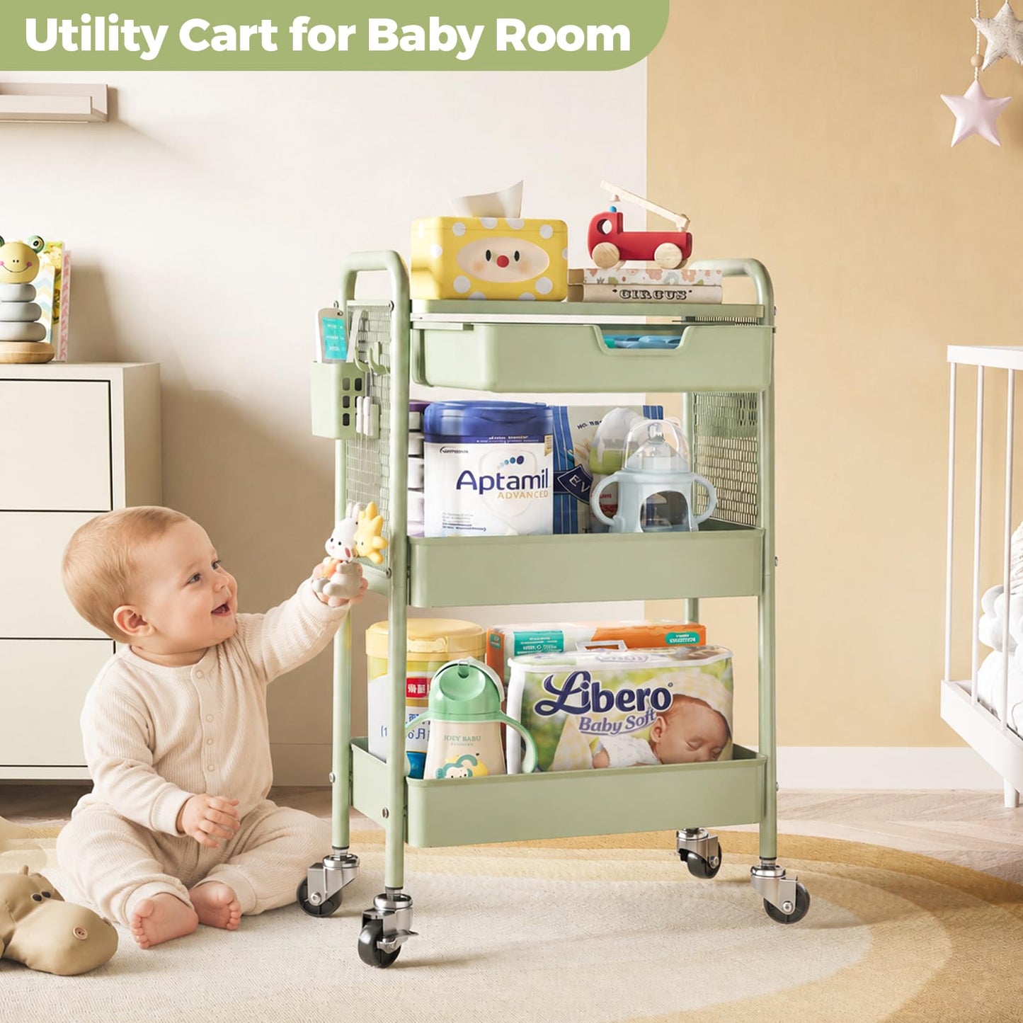 Rolling cart with Drawers - 3 Tier Metal Multifunctional Storage Organizors on Wheels with Tabletop, Hooks & Basket, Sturdy Craft & Art Cart for Bathroom, Bedroom, Children Room, Green