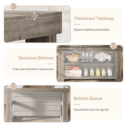 Tribesigns 55" Kitchen Island with Seating and Storage, 3-Tier Farmhouse Wood Stationary Island Table with Large Worktop & Leg Room, Coffee Bar Table with Storage Shelves for Kitchen, Grey