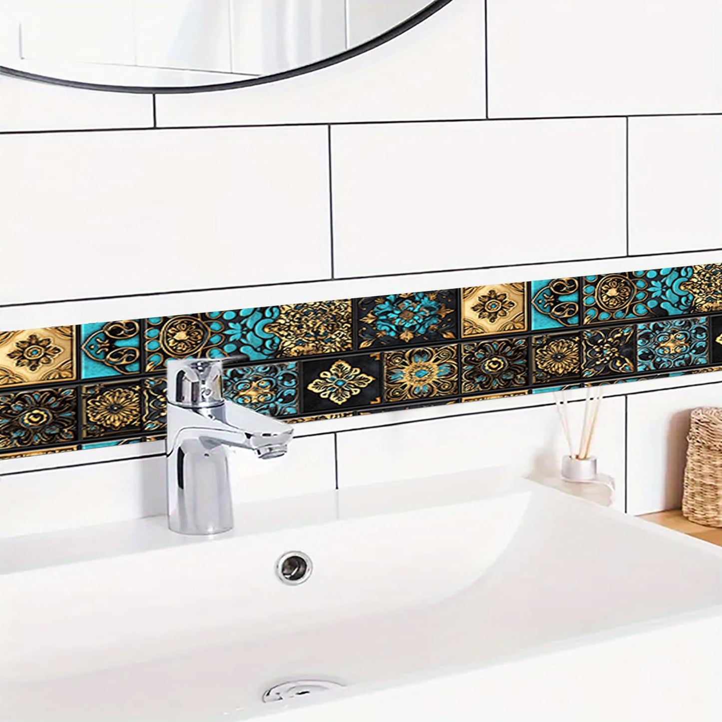 HOMETITUTE Wallpaper Border Peel and Stick Retro Mosaic Tile Wall Trim Paper Wall Decor Self Adhesive Border for Walls Mirror Frame Accent Strip for Bathroom Kitchen Living Room 4x196 Inch