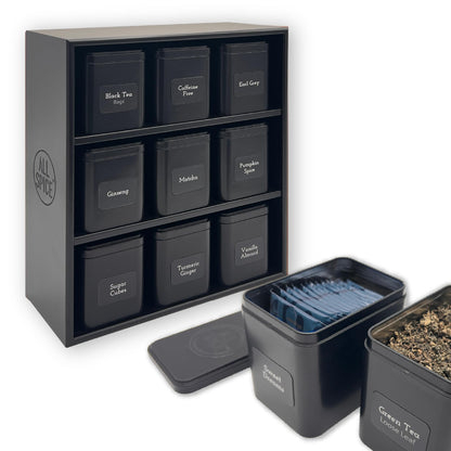 AllSpice Tea Organizer Rack with 9 Tins & 160 Magnetic Labels – Perfect for Bagged & Loose Leaf Tea Organization - Black