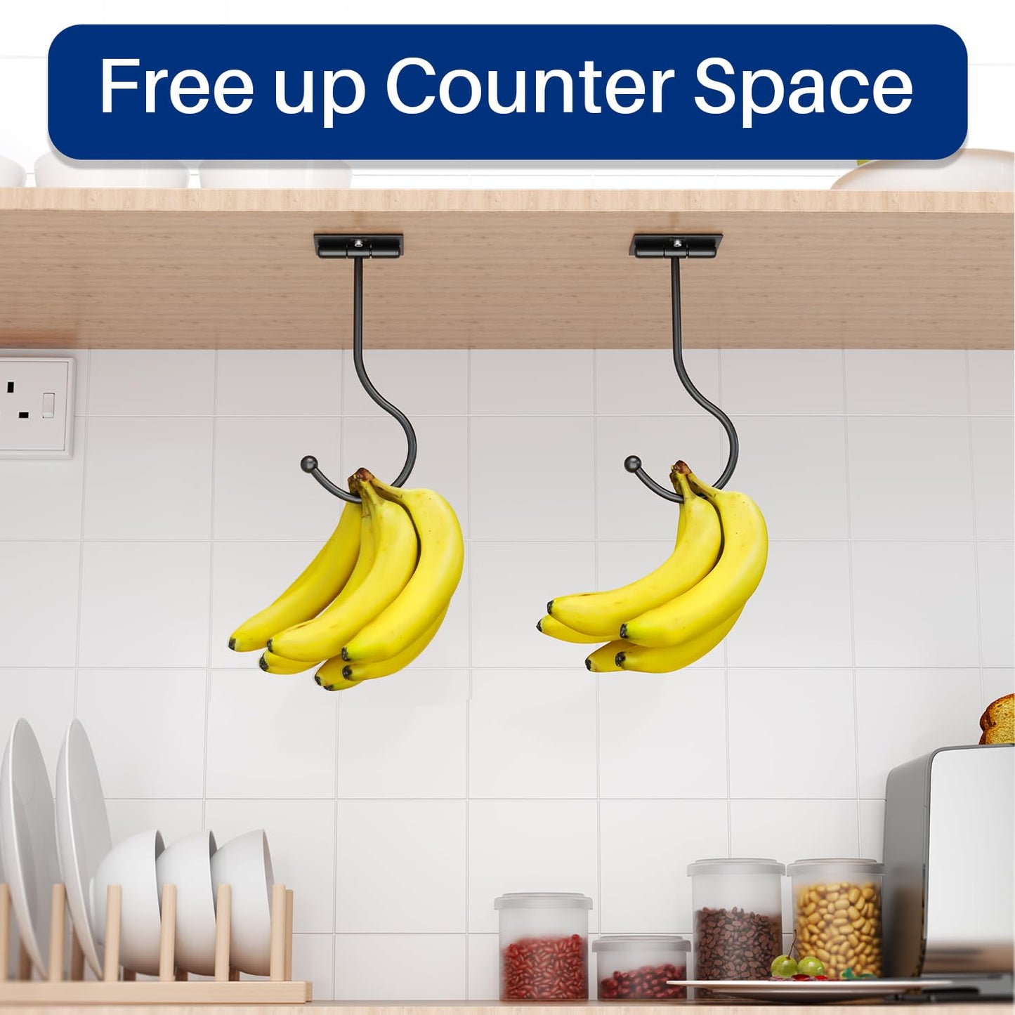 Josmimic Under Cabinet Banana Hook Foldable - Adhesive Banana Holder, Foldable with Magnets When Not in Use, Under Counter Banana Hook, Stainless, Hold 13 LB, Black