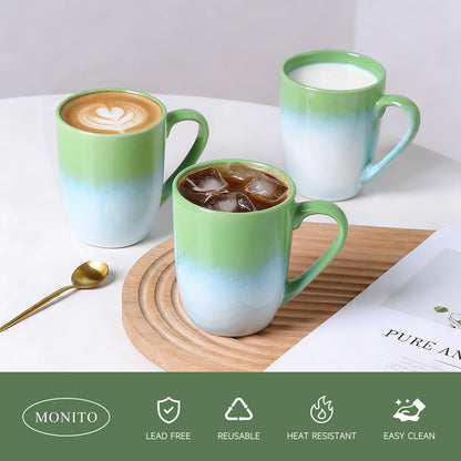 MONITO 14 OZ Coffee Mugs Set of 6, Large Ceramic Blue Coffee Mugs Set with handle for Tea/Latte/Milk/Cocoa, Funny Tea Cups for Office and Home, Engagement Gifts. (White-green)