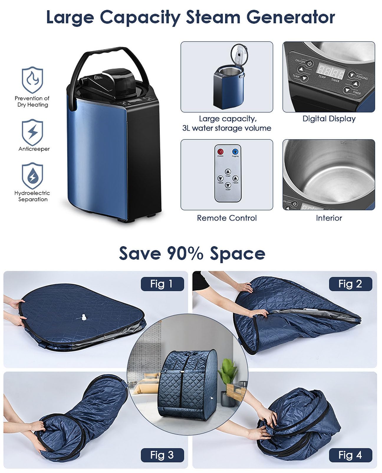 MFYDPP Portable Steam Sauna Tent, Folding Personal Full Body Spa Home Sauna,with 1000W 3L Sauna Steamer, Remote Control, Folding Chair