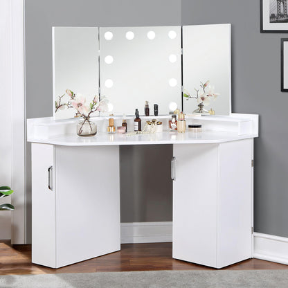 Furniture of America Sebastian Glam Solid Wood Vanity Set, Include Multiple Drawers Table and Mirror with 10 Bulbs for Bedroom, Dressing Room, Bathroom, Guest Room, White