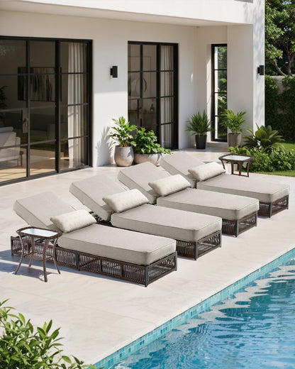 ACTREST Luxury Outdoor Chaise Lounge with 5 Inch Thickened Cushions - 1 Set High Back Brown Wicker Patio Recliners Rattan Reclining Chairs Porch Poolside Pool Sunbathing Lounger - Beige