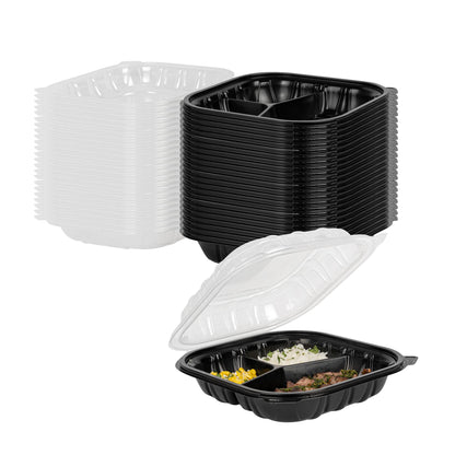 Thermo Tek 40 Ounce Clamshell Containers, 100 Disposable Take Out Boxes - 3 Compartments, Ventilated Lids, Black Plastic Meal Prep Containers, Microwavable, For Pasta Or Salads - Restaurantware