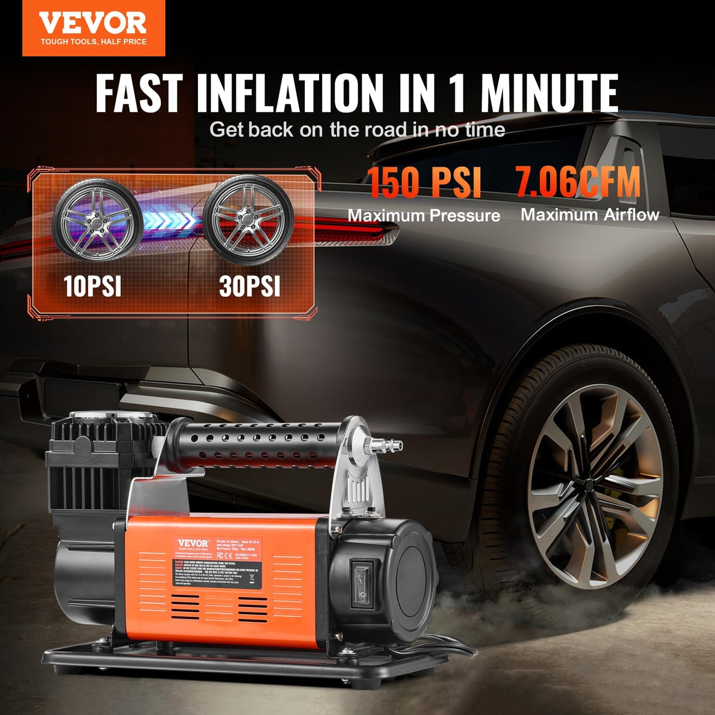 VEVOR 12V Heavy Duty Air Compressor - with Digital Pressure Gauge Tire Inflator Kit, 7.06 CFM Portable Tire Inflator, 150PSI Offroad Air Pump with Adapters for Trucks Car SUV 4 x 4 Vehicle RV