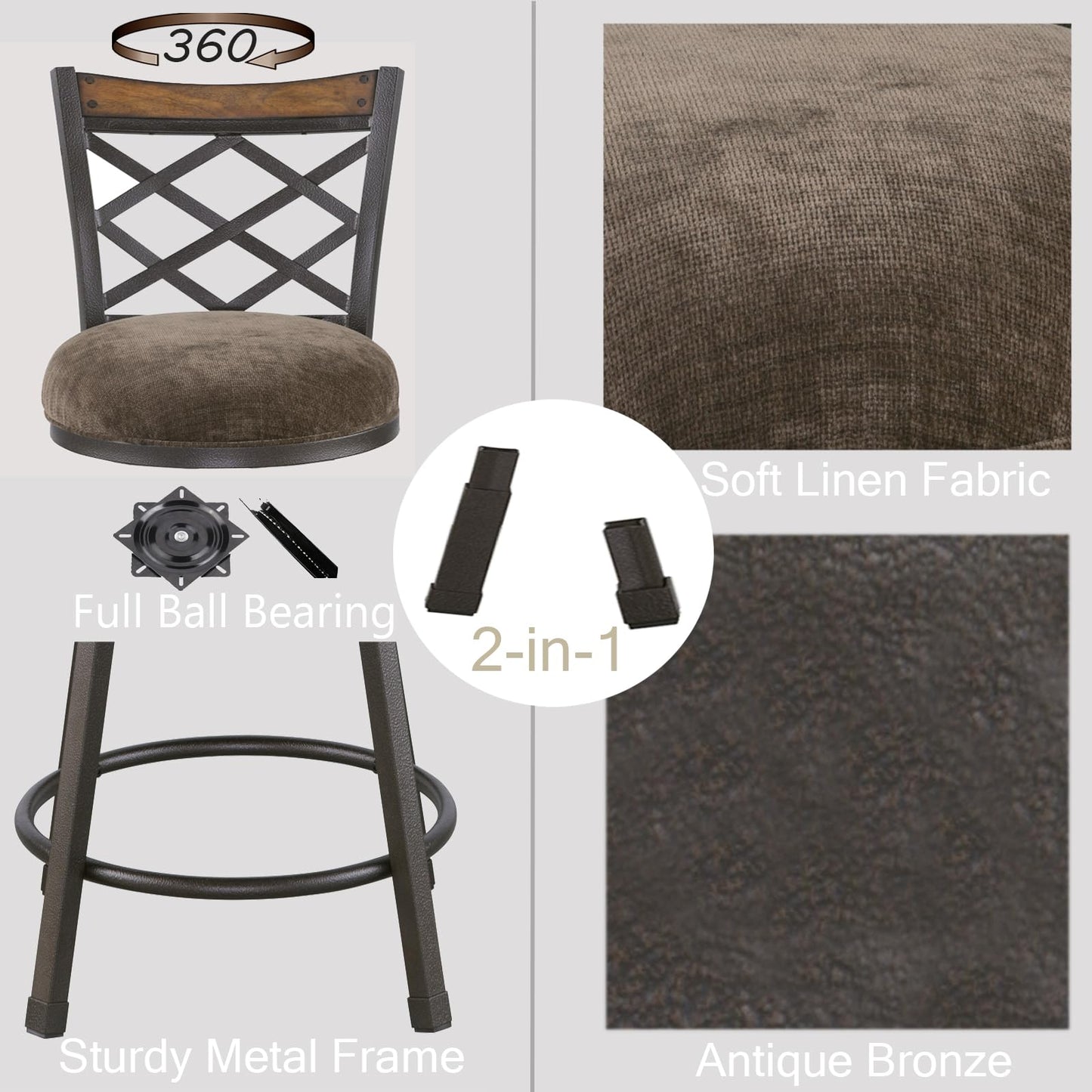 KORZEY Swivel Bar Stools Set of 4, 25/30 Inch Adjustable Black PU Leather Bar Chair with Black Frame, Mid-Century Upholstered Counter Barstools with Backs