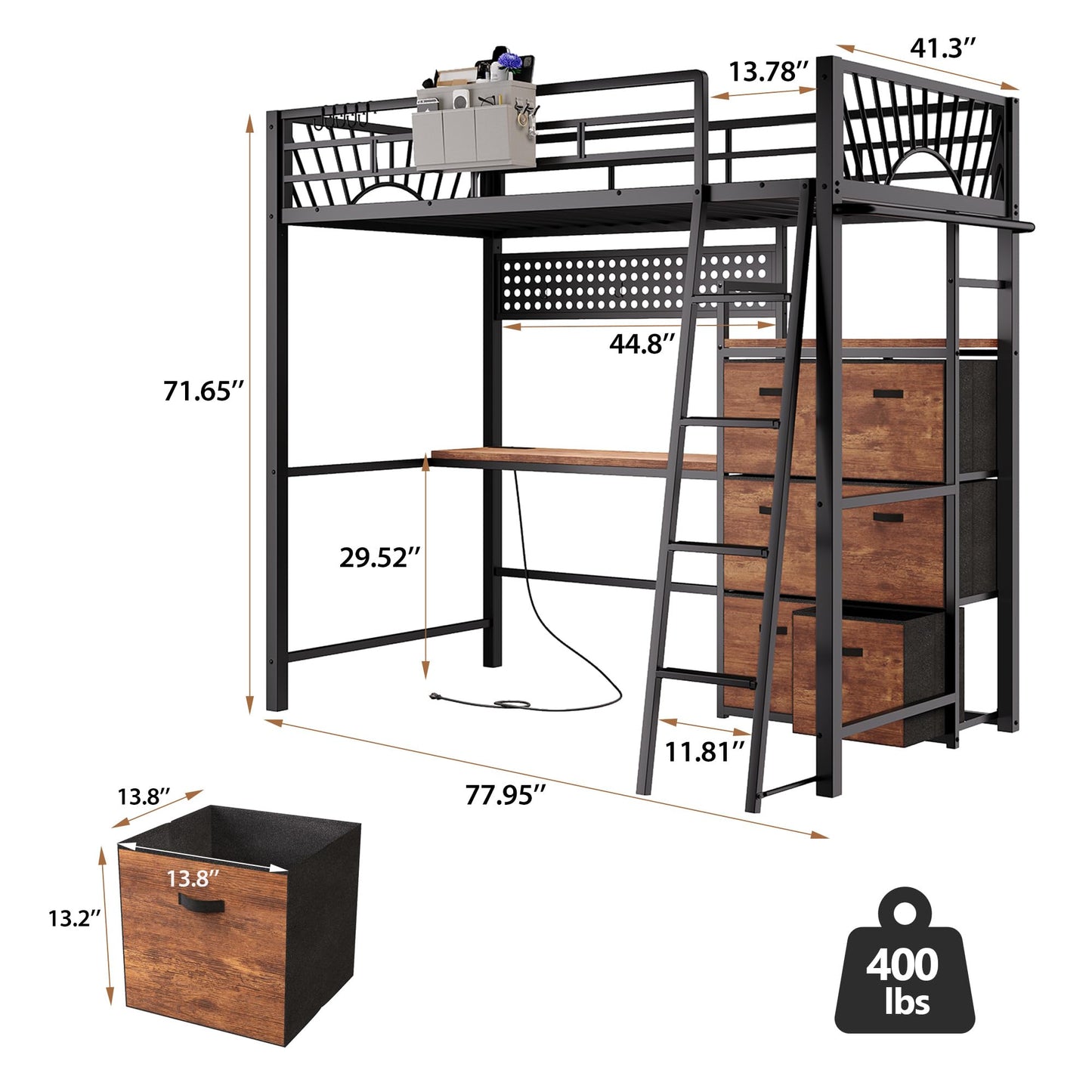Decofy Twin Metal Loft Bed with Desk, 6 Storage Cabinet, LED Light Bunk Bed Frame Twin Size with Charging Station, No Box Spring Needed, Extra Wide Stair Treads&Safety Ladder, Hanging Rod&Guardrail