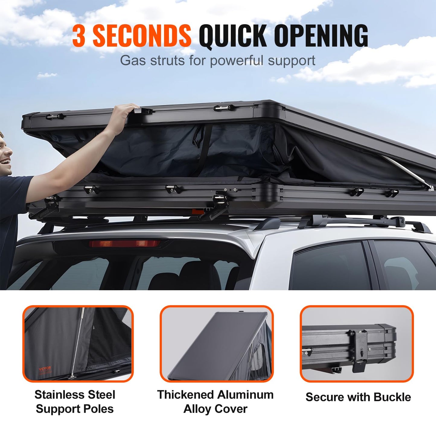 VEVOR Rooftop Tent Hard Shell, Roof Top Tent for Car SUV Truck Jeep Van Camping, Roof Tent with Telescopic Ladder Thick Mattress & LED Strip Light, 2-3 Person Family Camping Tent