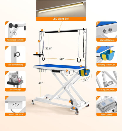 POLIMO LED Professional Electric Dog Grooming Table - 50" Heavy Duty Dog Grooming Station with LED, Button & Foot Control, Grooming Arm, Leveling Wheels, Anti-Slip Top & Tool Organizer (50", White)