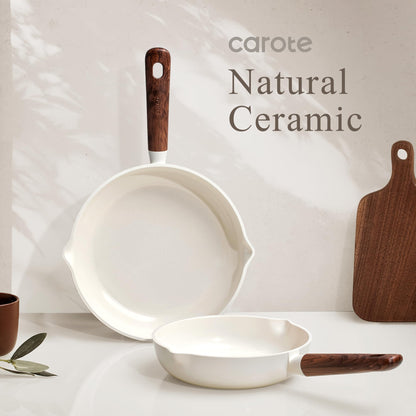 CAROTE Nonstick Frying Pans Skillets, Ceramic Coating Non-Stick Frying Pans Set, 5 PCS, Non-toxic Healthy & PFOA Free, Induction Compatible, 8+9.5+11 Inch with Colander Lid and Spatula, Cream White