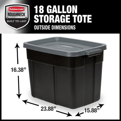 Rubbermaid 18 GAL Garage Storage Bins - Heavy-Duty, Stackable, Durable Plastic - Solid Black & Grey (6 Pack)