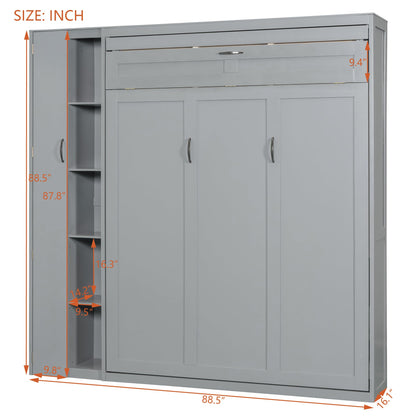Ball & Cast Murphy Bed Queen Size Wall Chest with Shelves and 4 Drawers,Wood Hideaway Cabinet Platform Bedframe w/LED Lights,can be Folded,Space-Saving,for Small Room,Dorms,Gray