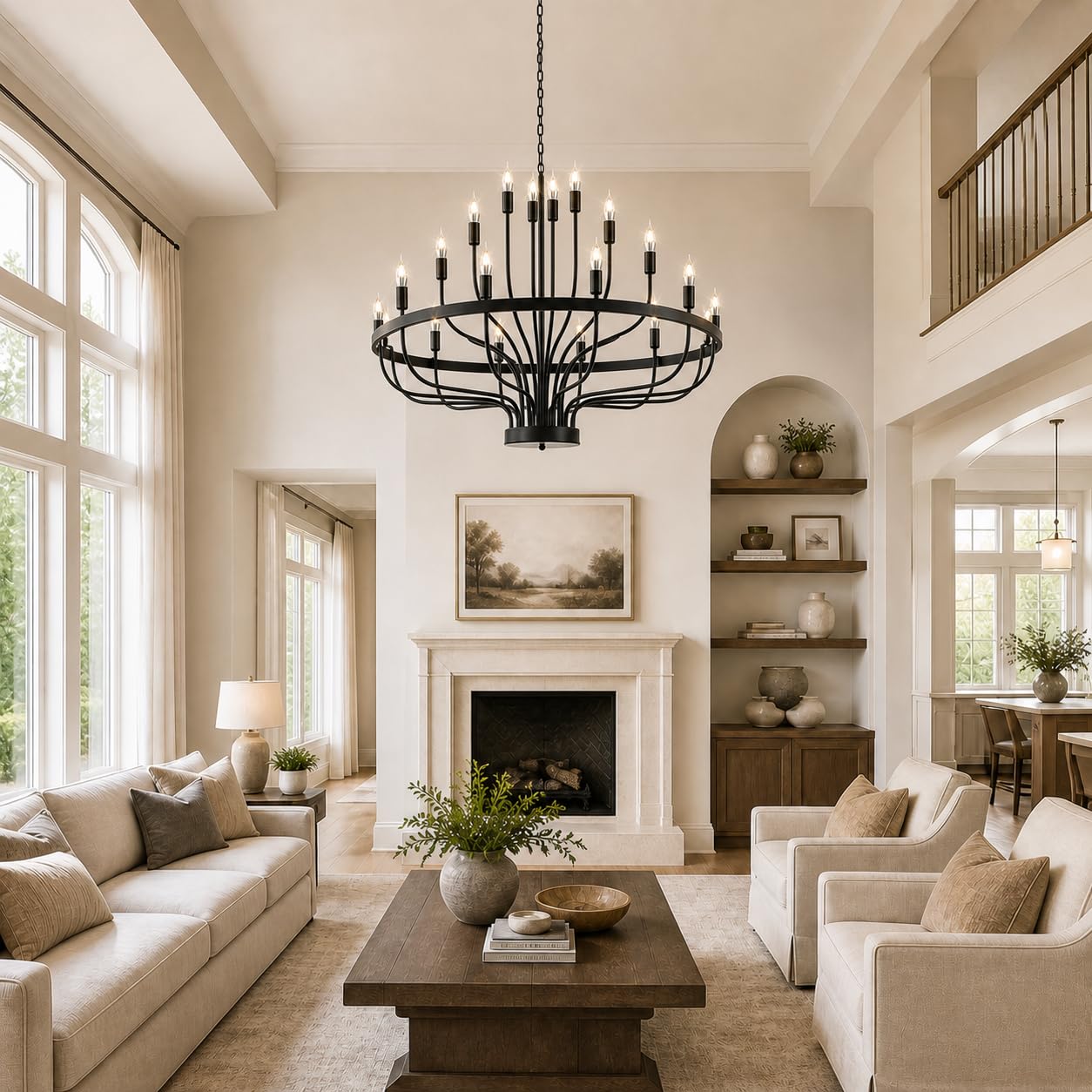 Shandaglo Large Black Chandelier 24-Light, Round 3-Tier Wagon Wheel Fixture, 39 in Farmhouse Candle Pendant with E12 Base for Dining Room, Foyer, Living Room, Hallway, High Ceiling