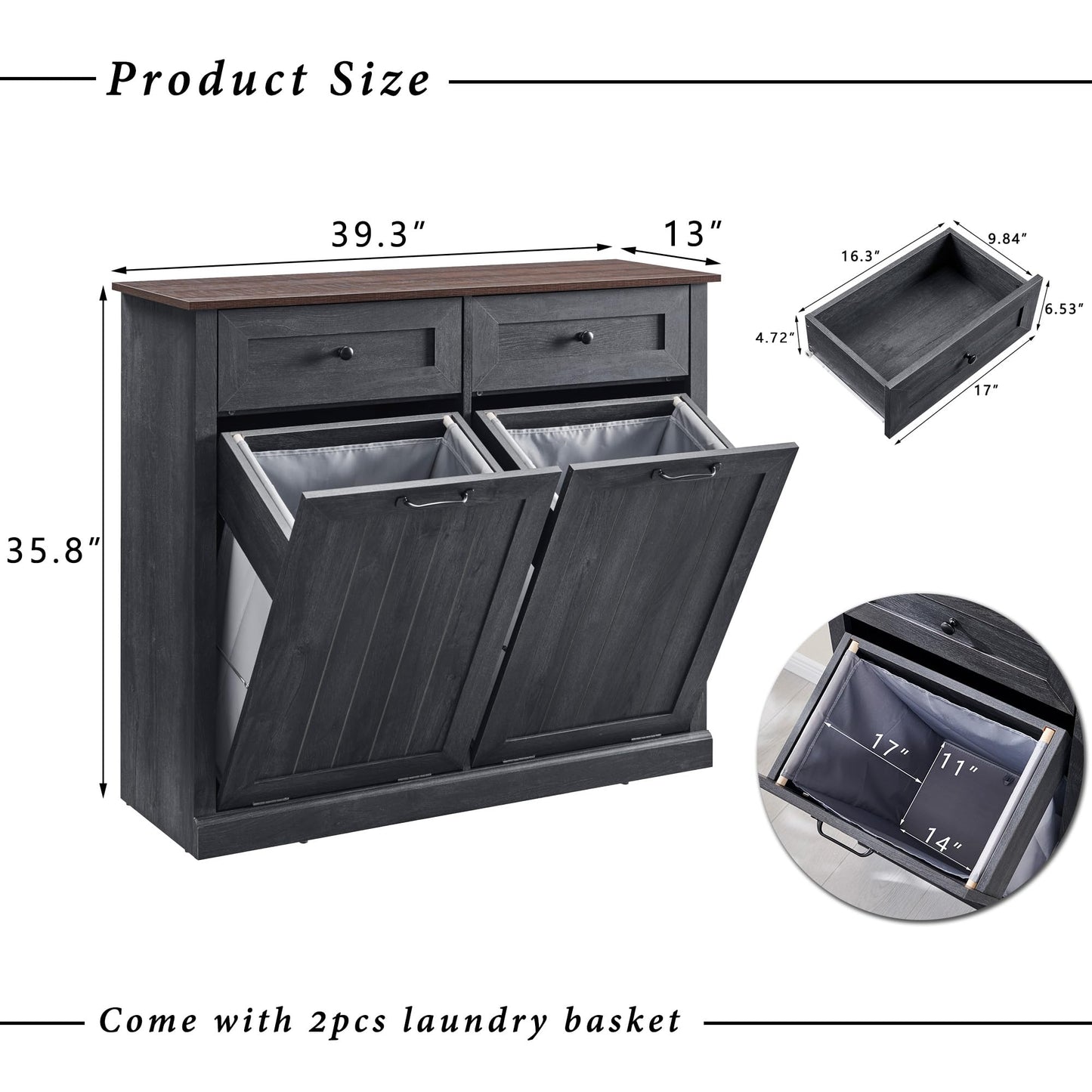 IFGET Double Tilt Out Trash Cabinet, 20 Gallon Farmhouse Laundry Hamper Cabinet with 2 Drawers, Hidden Wooden Trash Can Cabinets with Storage Basket for Kitchen, Living Room (Dark Grey)