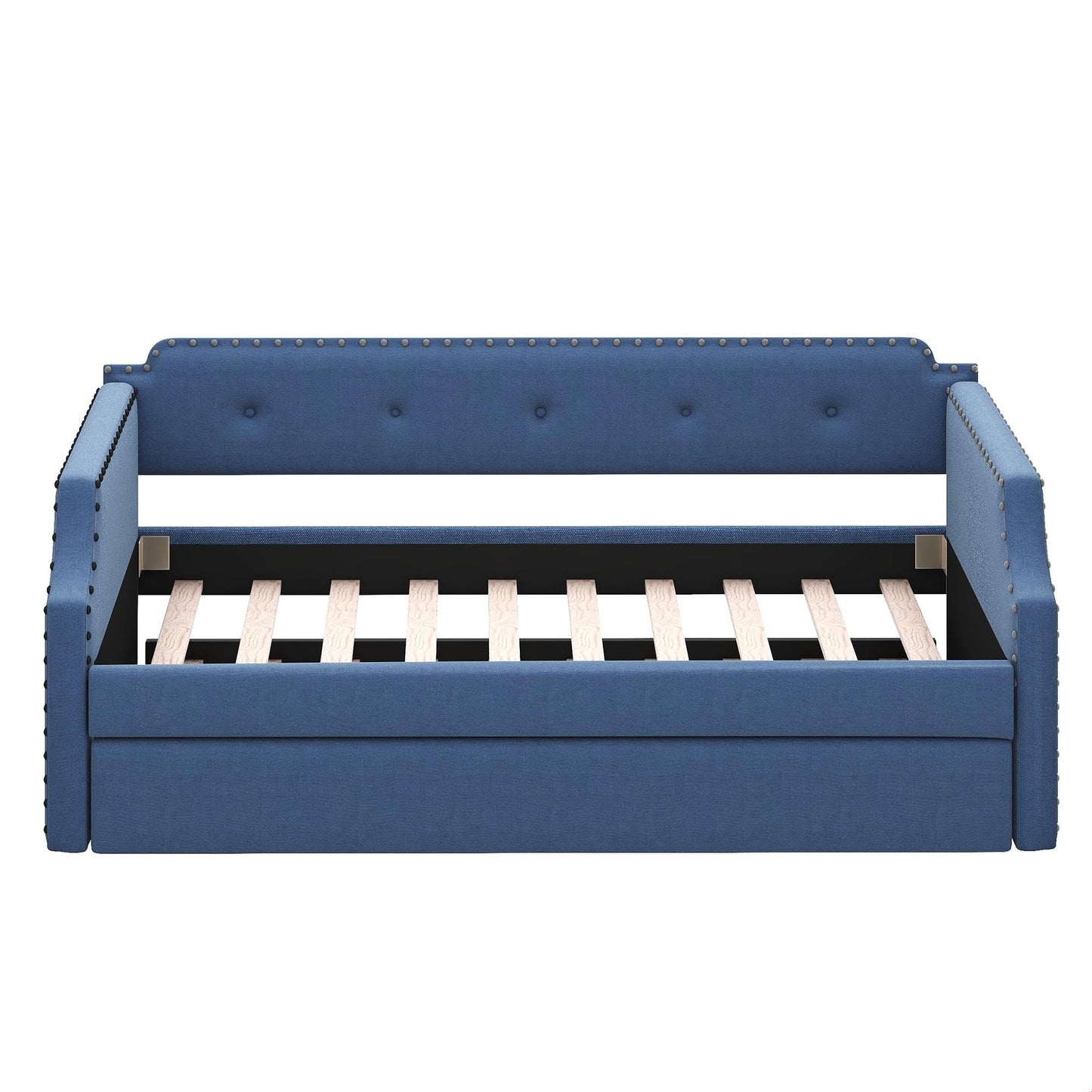 GDFStudio Twin Upholstered Daybed with Trundle, Linen Fabric Sofa Bed Frame with Wood Slats Support, Pull-Out Guest Bed for Living Room Bedroom Apartment, Blue