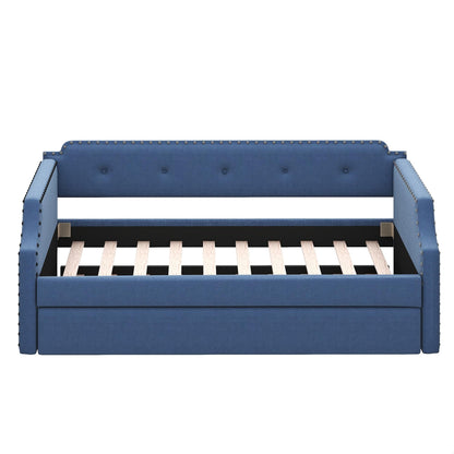 GDFStudio Twin Upholstered Daybed with Trundle, Linen Fabric Sofa Bed Frame with Wood Slats Support, Pull-Out Guest Bed for Living Room Bedroom Apartment, Blue