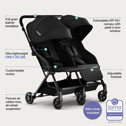 Mompush Lithe Double Stroller for Infant and Toddler, Lightweight Side by Side Twin Stroller, Only 25 lbs, 30-Inch Slim Fit Through Doorways, One-Step Fold, Independent Recline, UPF 50+ Canopy