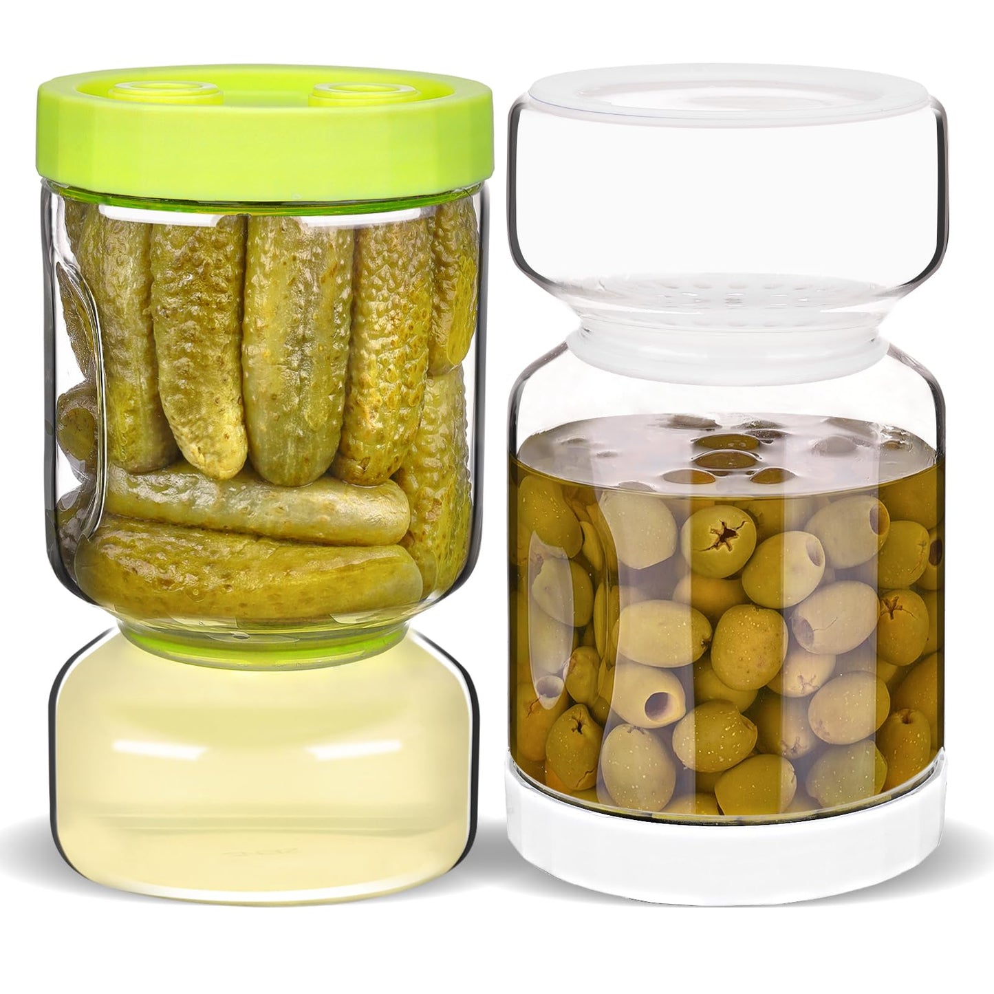 ZENS Glass Pickle Jar with Strainer Flip, 2 Pack Pickle Container Olive Hourglass Jars, Airtight Pickle Juice Separator from Wet and Dry, Pickles Storage Jar 51oz-Green & White