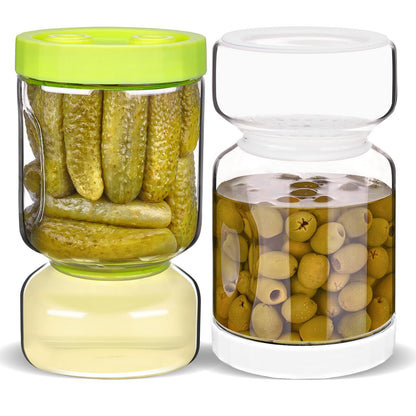 ZENS Glass Pickle Jar with Strainer Flip, 2 Pack Pickle Container Olive Hourglass Jars, Airtight Pickle Juice Separator from Wet and Dry, Pickles Storage Jar 51oz-Green & White