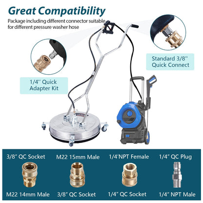 Kiarixo 24" Pressure Washer Surface Cleaner with Dual Handle 4 Wheels, 3/8" Connector, 2 Replacement Nozzles, Stainless Steel Power Washer Housing Accessory for Driveways Decks Sidewalk Patio Cleaning