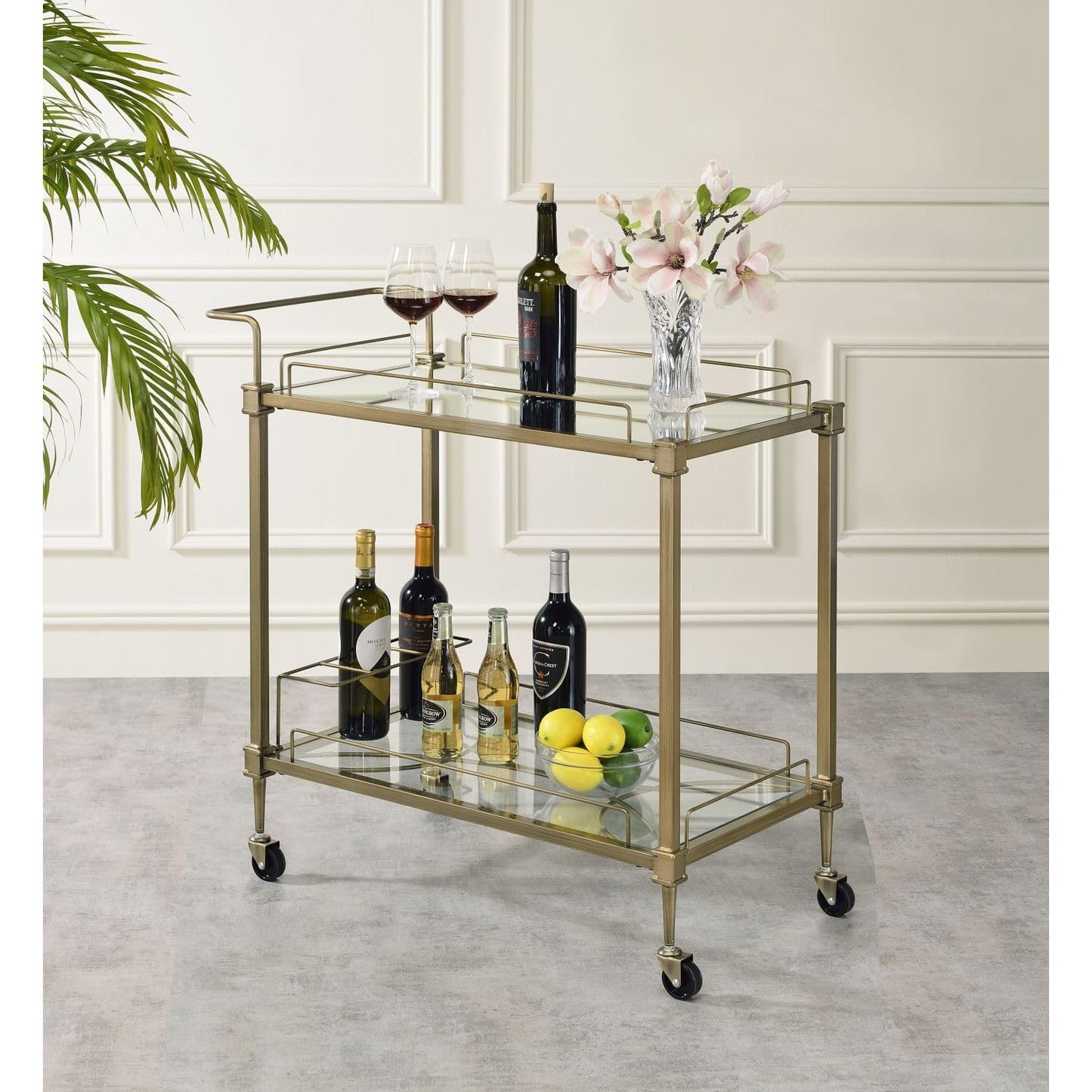 Geelife Aditya Mirrored & Antique Brass Finish Serving Cart