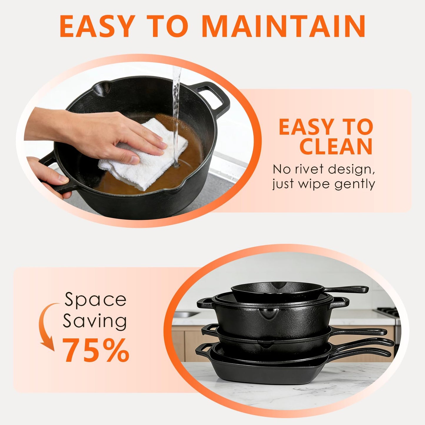 Asderote 6 Piece Pre-Seasoned Cast Iron Cookware Set – Incl. 5QT Dutch Oven with Lid, 8'' and 10.25'' Cast Iron Skillets, 10.5'' Round Griddle, and a Square Grill Pan for Kitchen, Stovetop, & Camping