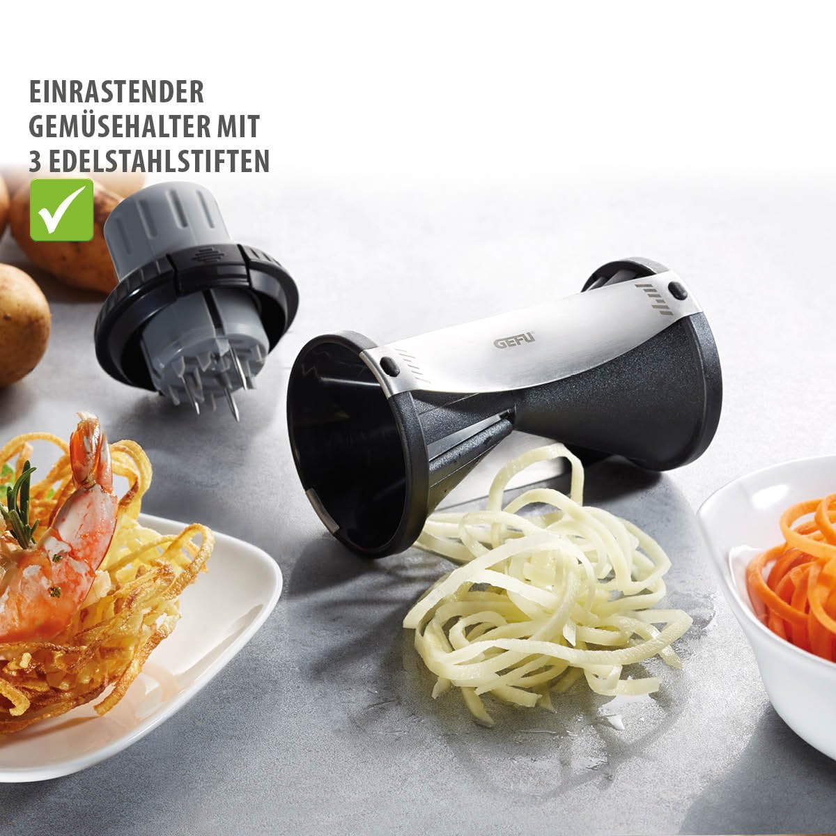 GEFU Spiralizer - Vegetable Spiral Slicer with Attachable Finger Guard - Spirelli 2.0