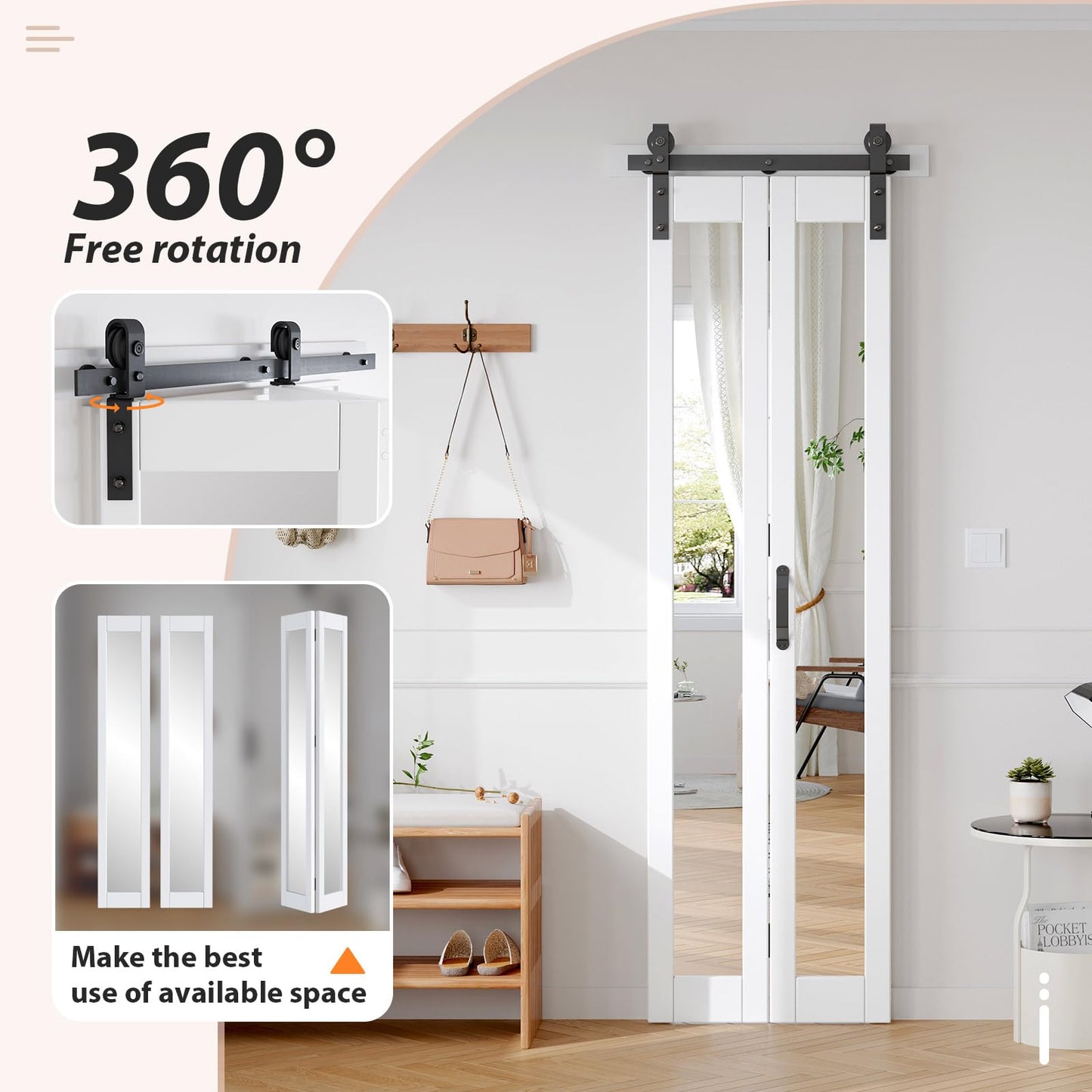 FREDBECK Bifold Barn Door 24x84 (Double 12x84) with 1 Lites Mirror,Bi-fold Closet Doors Hardware Kit Included,28" Track for 2 Doors, PVC, White,for Living Room, Bathrooms, Kicthen