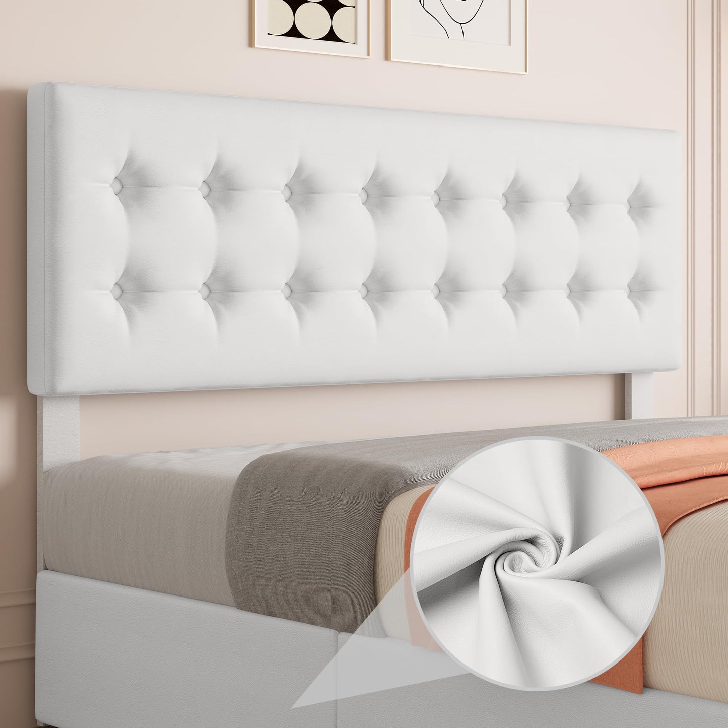 IDEALHOUSE King Size Bed Frame with 4 Storage Drawers and Headboard, Faux Leather Upholstered Platform Bed Frame with Wooden Slats Support, Button Tufted Design, No Box Spring Needed, White