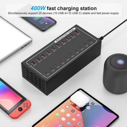 20-Port Fast Charging Station 400W, USB C and USB A Charger Dock with Smart Power Distribution Technology，for Multiple Devices, PD/QC Fast Charging Support