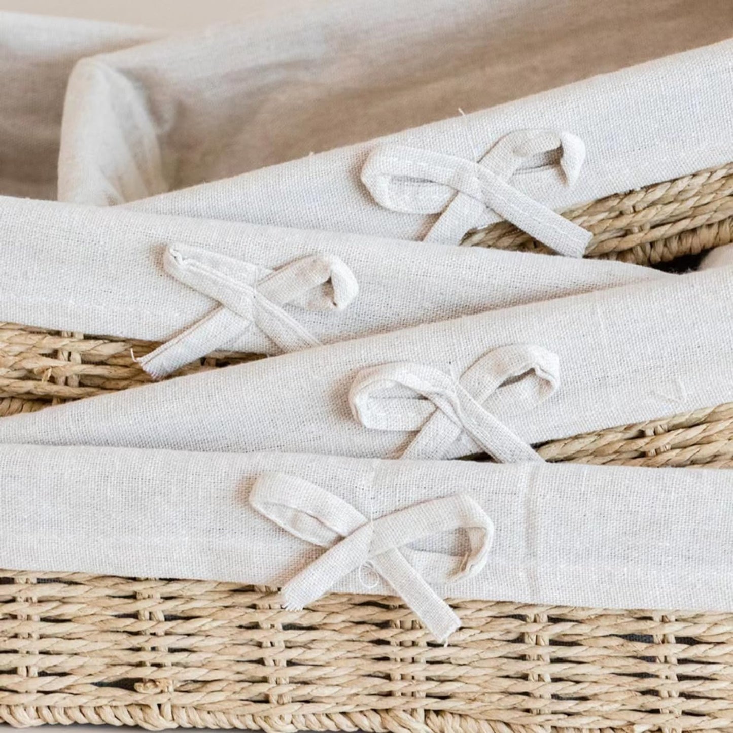Shallow Storage Baskets for Shelves, Set of 4 Lined Wicker Baskets for Organizing, Khaki Paper Rope Shelf Storage Bins for Pantry, Closet, Bathroom