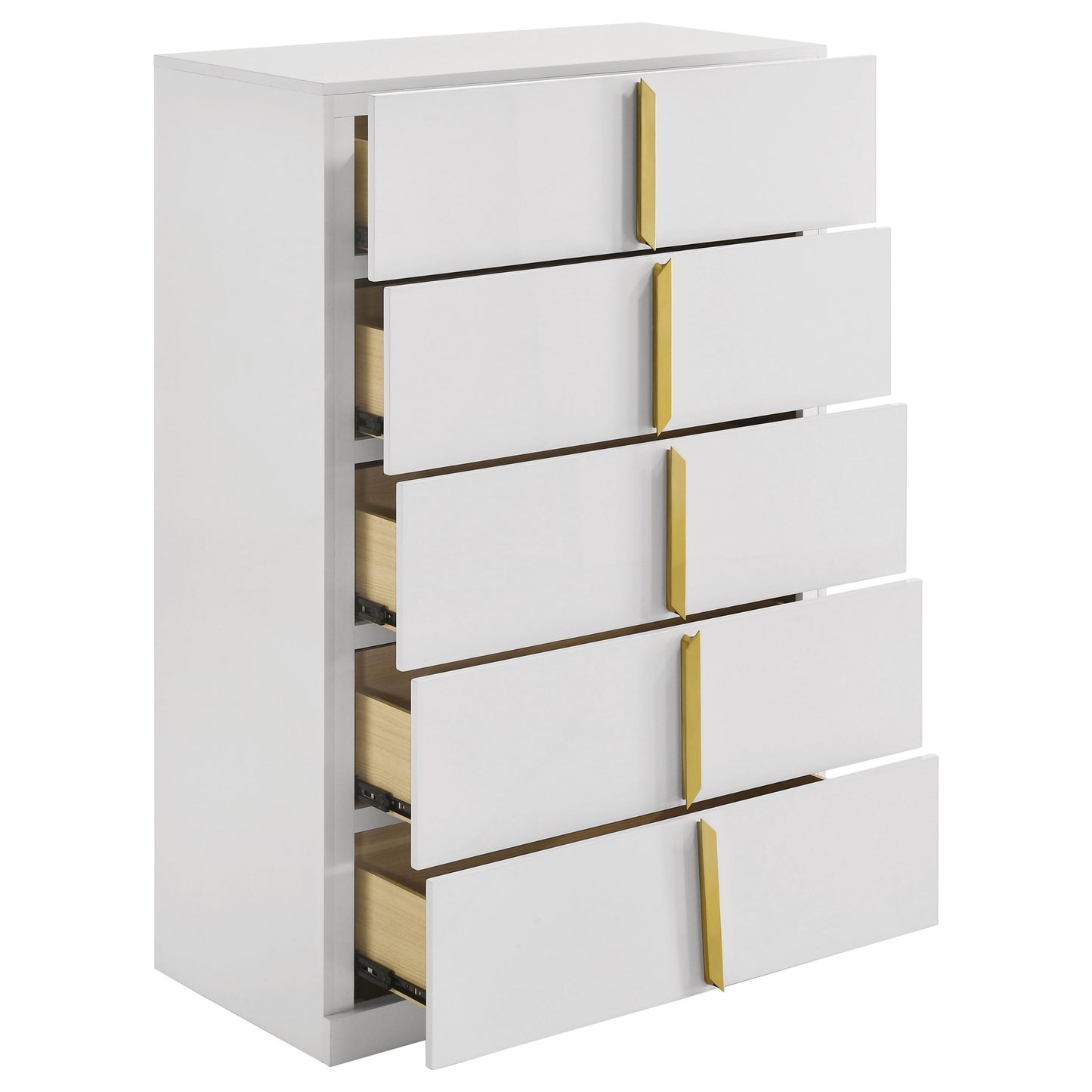 Coaster Home Furnishings - INES - Wood - 5-Drawer Chest with Vertical Gold Pulls, English Dovetail Joinery and Contemporary Design - Bedroom - White High Gloss - 223095