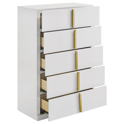Coaster Home Furnishings - INES - Wood - 5-Drawer Chest with Vertical Gold Pulls, English Dovetail Joinery and Contemporary Design - Bedroom - White High Gloss - 223095