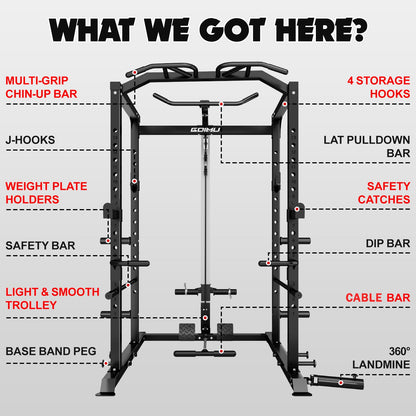Goimu C1-V4 Power Cage, 2000LBS Squat Rack with LAT Pulldown, Multi-Function Weight Cage Strength Training Machine, Workout Cage with More Attachments for Home Gym Garage (220LBS BK Home Gym Package)
