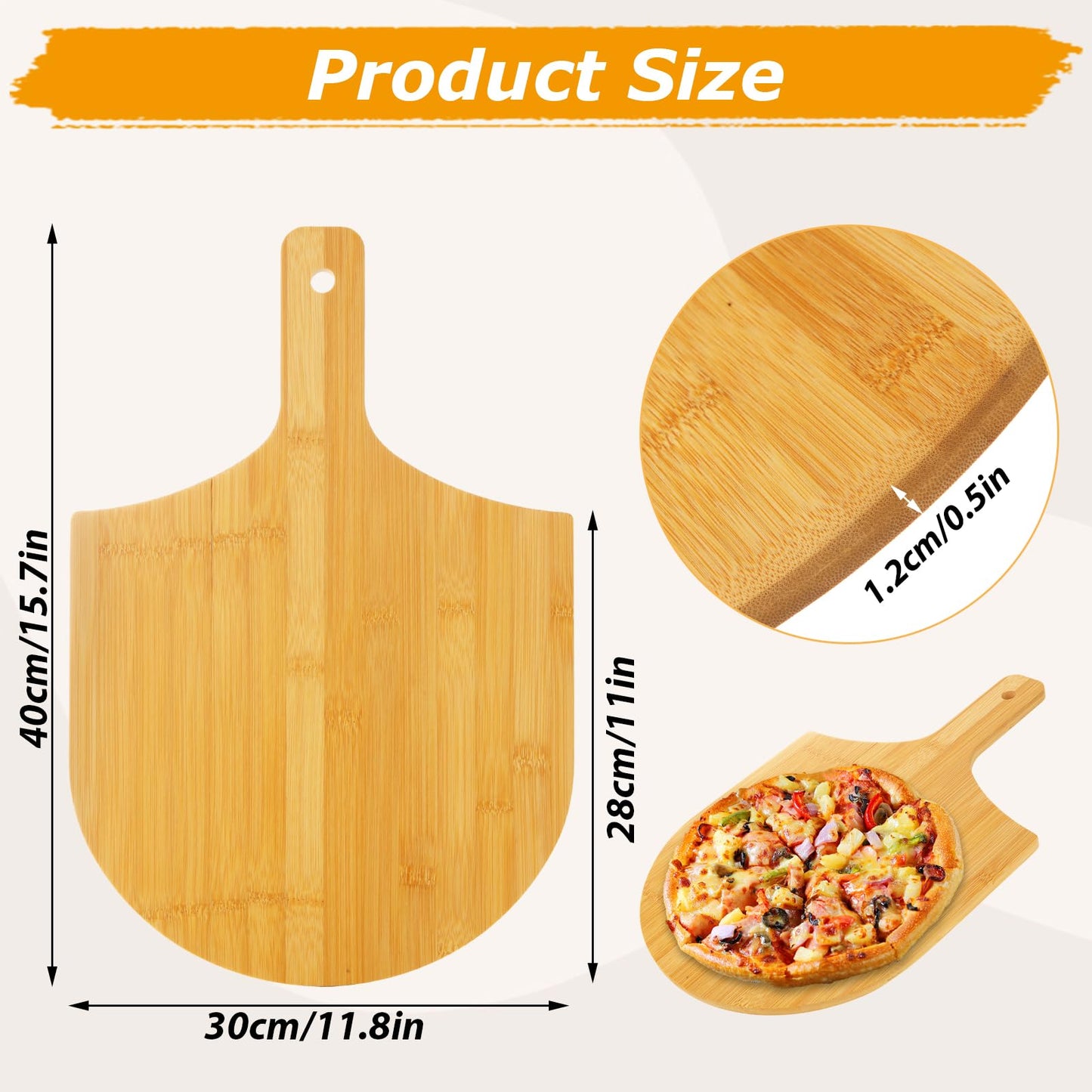 MUXHEL 4 Pcs Bamboo Pizza Peel 12 Inch, Wood Pizza Paddle 12 Inch, Pizza Cutting Board with Handle for Making Pizza