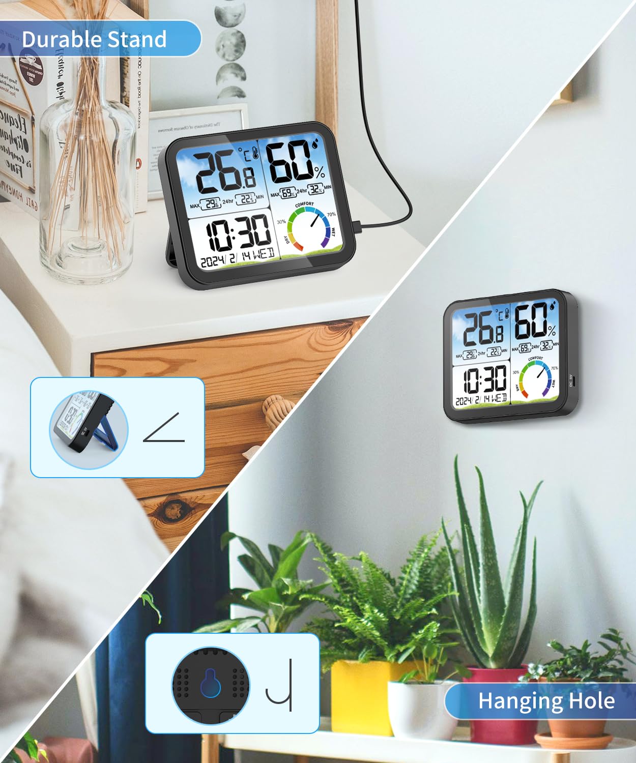 VOCOO Digital Indoor Room Thermometer - 5.8'' Extra Large Display Temperature Humidity Sensor with Accurate Temp Humidity Gauge Monitor, Calibration, Max & Min Records, Comfort, Backlit, Date & Clock