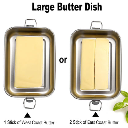 BSTKEY Butter Dish with Lid for Countertop, Stainless Steel Butter Holder Container with Silicone Sealing, Unbreakable Butter Keeper for Kitchen, Holds 1 Stick West or 2 Sticks East Coast Butter