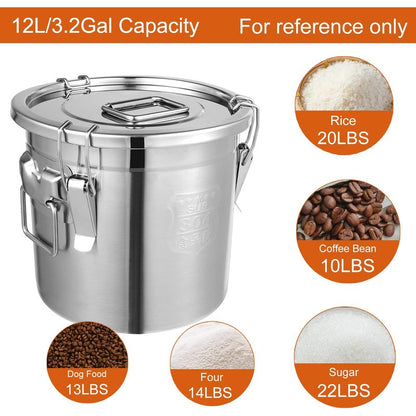 DYNAMI 304 Stainless Steel Airtight Canister for Kitchen, 3.2Gal/405oz Flour Container with Lid and Locking Clamp,10-21Lbs Metal Bucket Food Storage Container for Rice, Flour, Grain, Coffee Bean(12L)