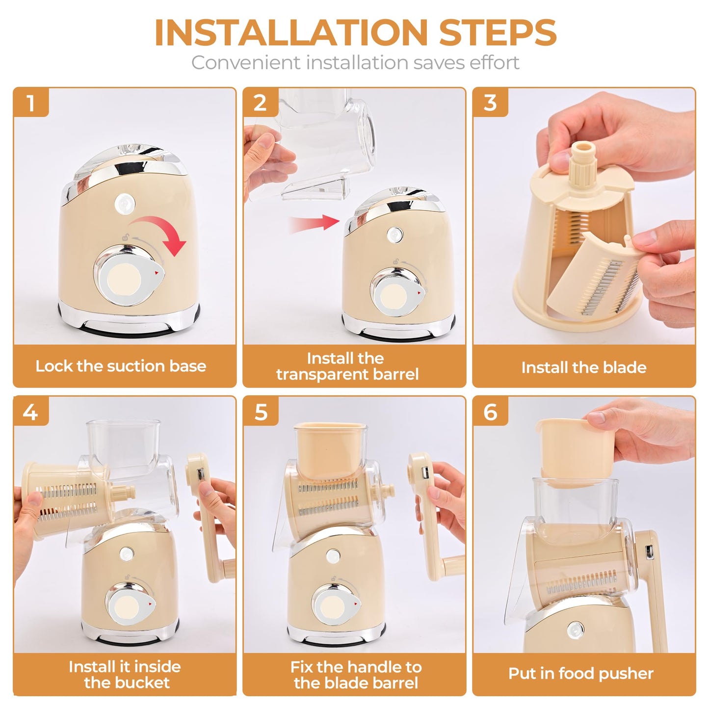SUSTEAS Rotary Cheese Grater with Handle, Vegetable Slicer, 6 Interchangeable Blades, Reinforced Suction, Easy to Clean, Kitchen Shredder for Crushed Ice, Fruits, Nuts with Blade Storage Case, Beige