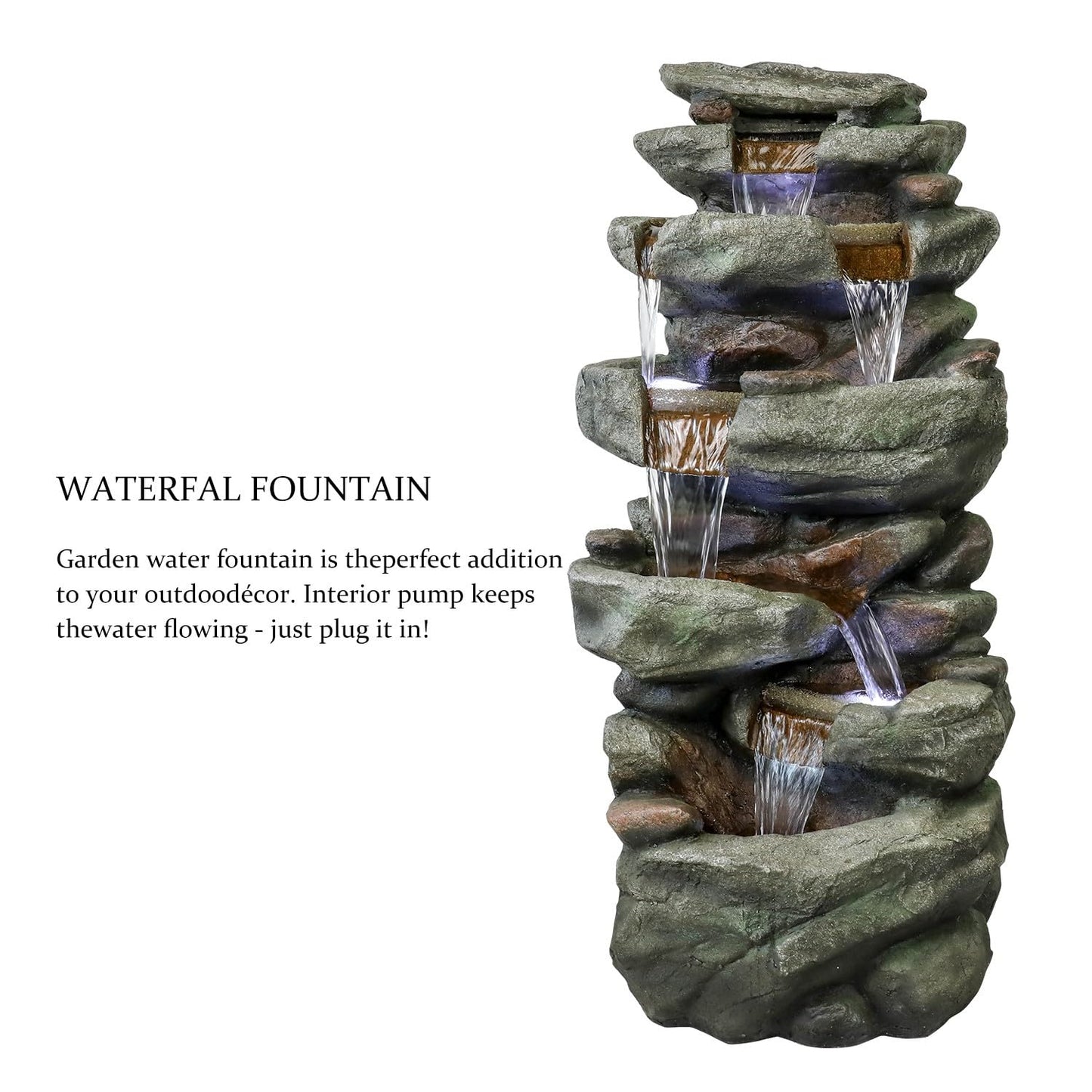 SunJet 40.5” High Rocks Outdoor Water Fountain - 6-Tiers Cascading Waterfall with LED Lights, Soothing Tranquility for Home Garden, Yard Decor