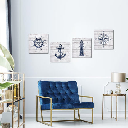 LoveHouse Nautical Canvas Wall Art Nautical Bathroom Decor Navy and White Lighthouse Decor Boat Anchor Compass Painting