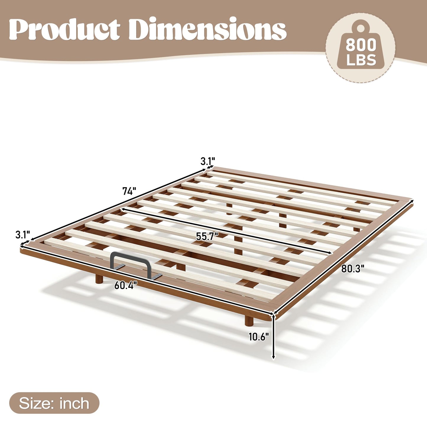 KEIKI Queen Size Bamboo Platform Bed, Mid-Century Modern Style Floating Bed Frame with Wooden Solid Support Slats, No Box Spring Needed, Easy Assembly, Noise Free, for Bedroom, Guest Rooms, Brown