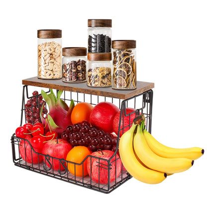 Livabber Fruit Basket for Kitchen, Metal Fruit Vegetable Storage Bin with 2 Banana Hangers, Countertop Wire Basket Organizer for Snack Potato Onion, Screw Mounted or Stand (Black, 1 Pack)