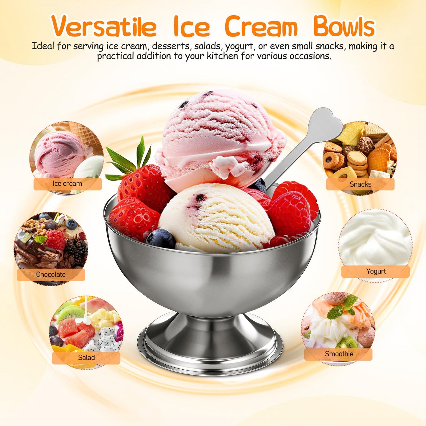 TOYANDONA 4pcs Stainless Steel Footed Dessert Bowls with Forks - Thickened Japanese-style Ice Cream Cups Silver Serving Bowls for Sundae Parfait Yogurt Pudding Salad Fruit, Home Kitchen & Restaurant