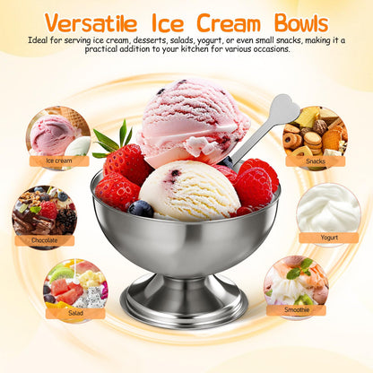 TOYANDONA 4pcs Stainless Steel Footed Dessert Bowls with Forks - Thickened Japanese-style Ice Cream Cups Silver Serving Bowls for Sundae Parfait Yogurt Pudding Salad Fruit, Home Kitchen & Restaurant