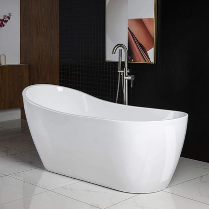 WOODBRIDGE 67" Acrylic Freestanding Bathtub Contemporary Soaking White Tub with Brushed Nickel Overflow and Drain，B-0001-BN