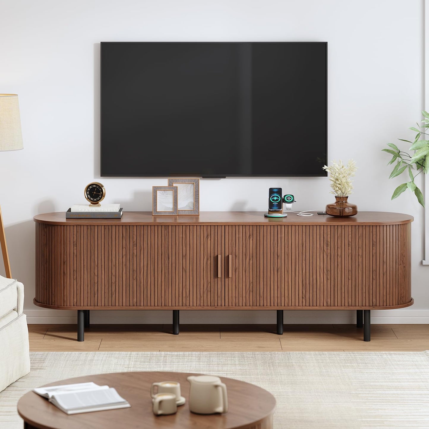 70.8" TV Stand with Power Outlet, Mid-Century Modern Television Stand, Fluted Media Console with Sliding Doors, Entertainment Center for TVs up to 60 Inch, Adjustable Shelves, Walnut