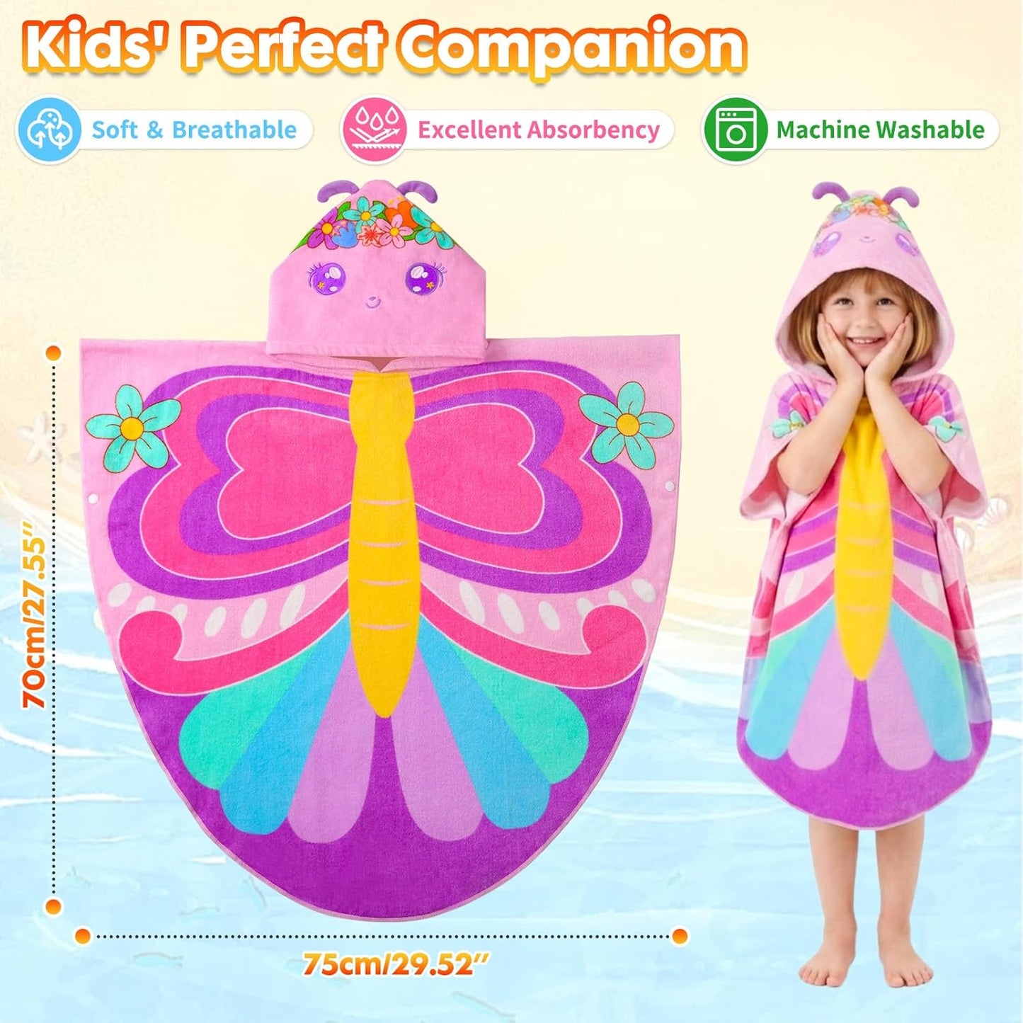 Towel,100% Swimming, 3-6 PinkSheep Kids Beach Cotton Bath Towel with Hooded, Super Absorbent Girl Poncho Towel